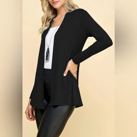 Open Front Drape Lightweight Duster High Low Hem Long Sleeve Cardigan -black - Picture 4 of 7